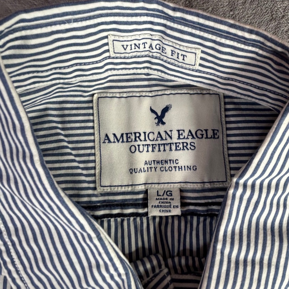 American Eagle Shirt Men Large Blue Striped Palm Tree Graphic Vintage Fit Cotton - Picture 4 of 11